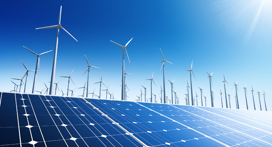 wind and solar farm with clear blue skies