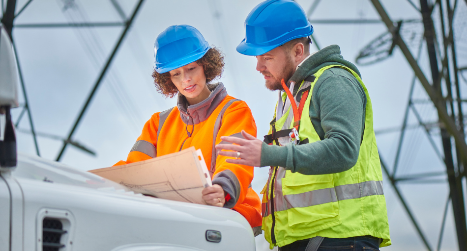 electrical engineers in hi vis vests and blue hard hats review schematics on hood of white car with transmission tower in background